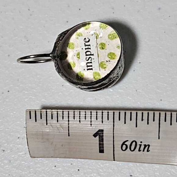Handcrafted Pendant Green Polka Dot Fabric Inspire Text Glass Dome Silver Tone - Picture 4 of 4